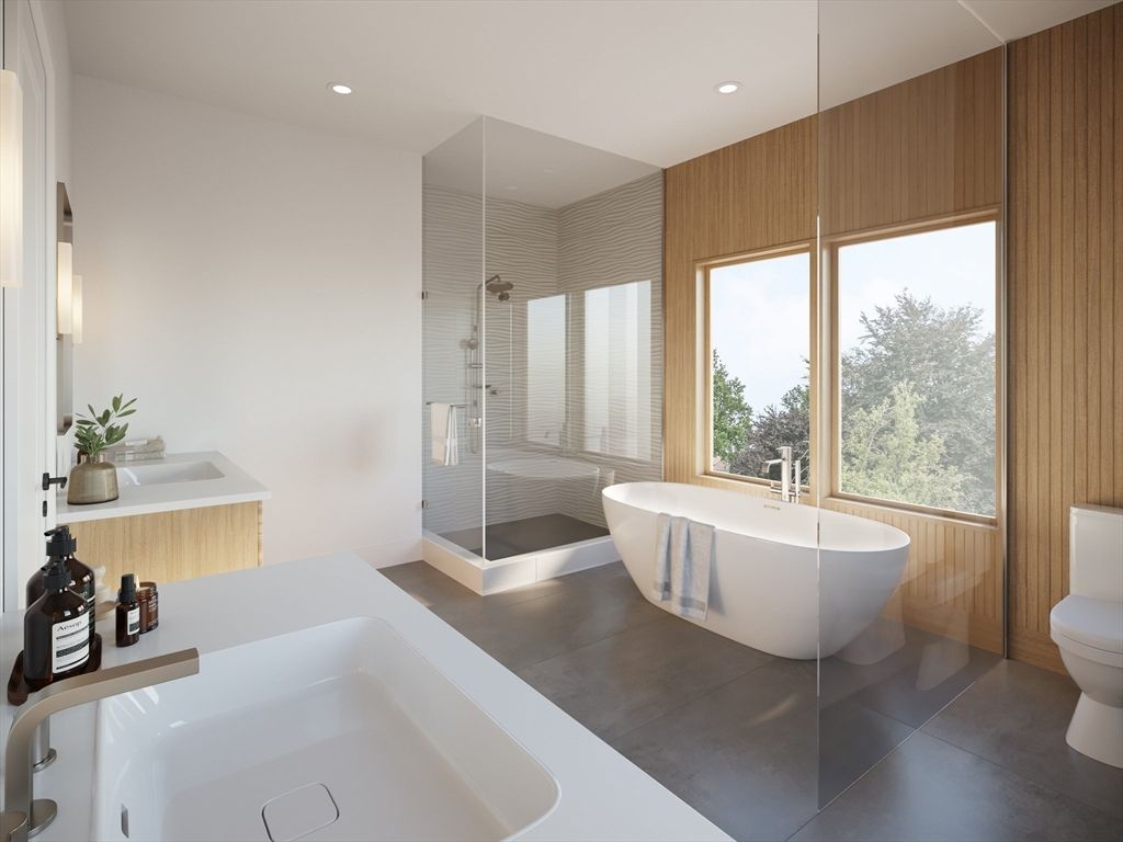 Bathroom, Free Standing Baths, Glass Shower, Interior, Recessed Lighting