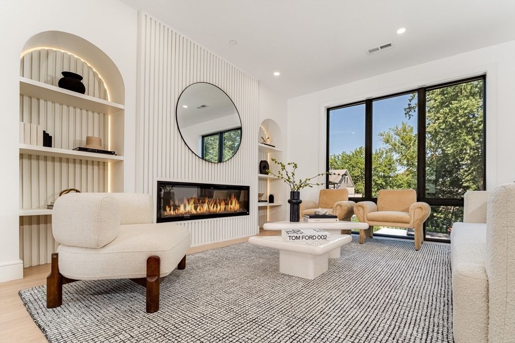 Fireplace, Interior, Living room, Recessed Lighting, Wood Texture Flooring