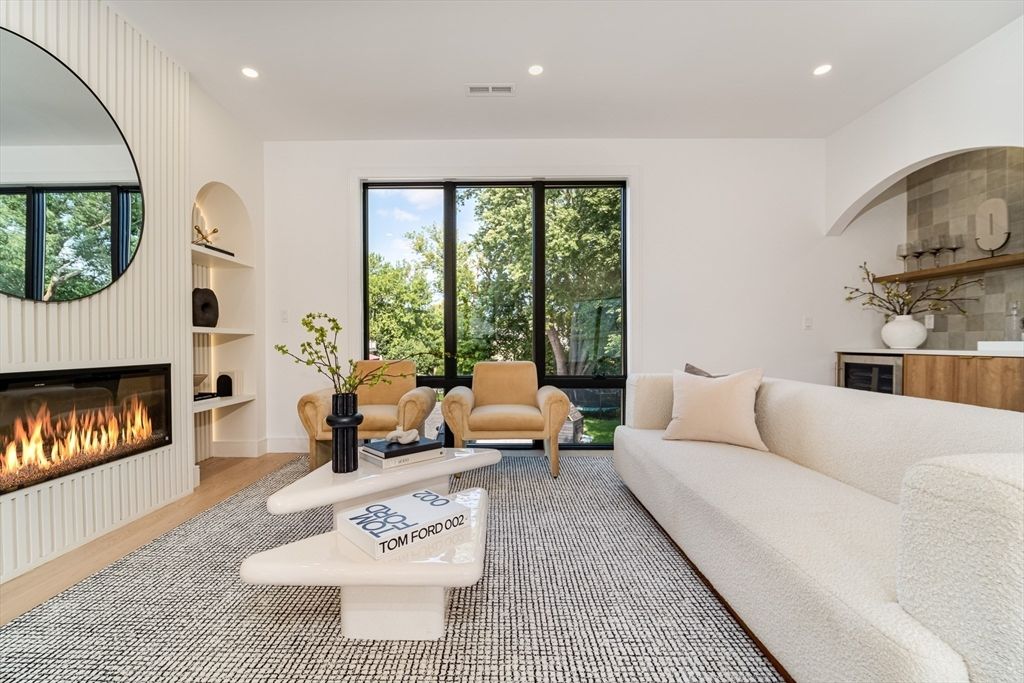 Fireplace, Interior, Living room, Recessed Lighting, Wood Texture Flooring