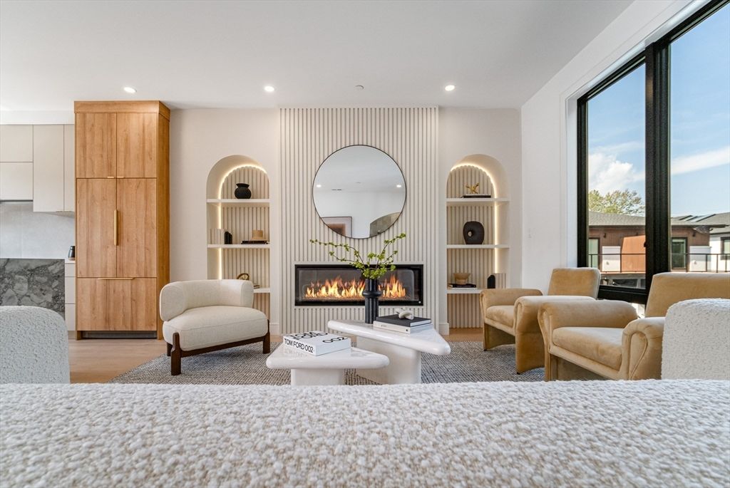 Fireplace, Interior, Living room, Recessed Lighting, Wood Texture Flooring