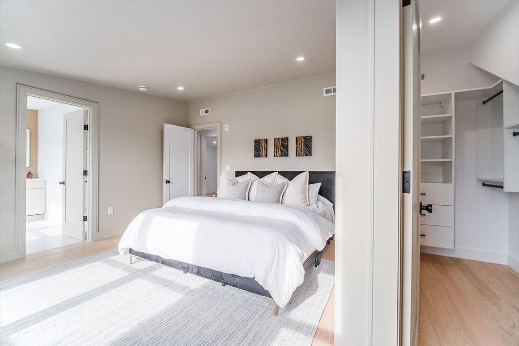 Bedroom, Interior, Recessed Lighting, Wood Texture Flooring