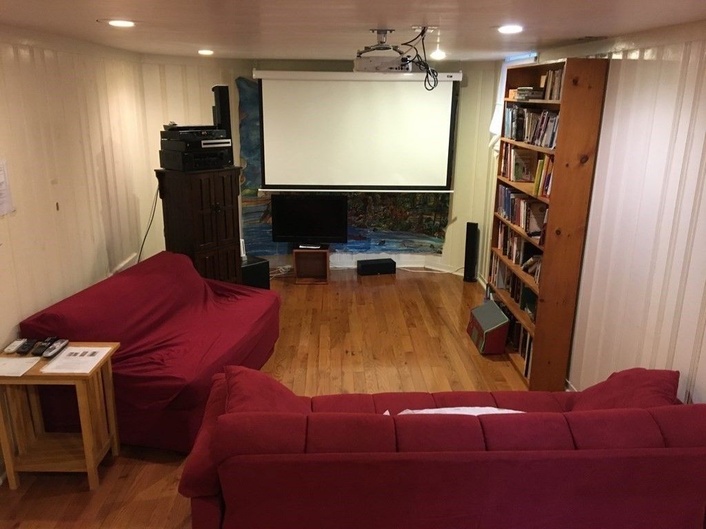 Interior, Projection Screen, Recessed Lighting, Wood Texture Flooring