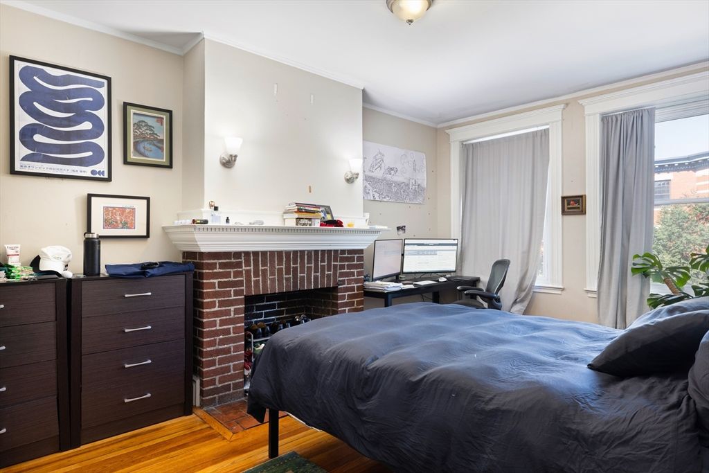 Bedroom, Fireplace, Home Office, Interior, Wood Texture Flooring