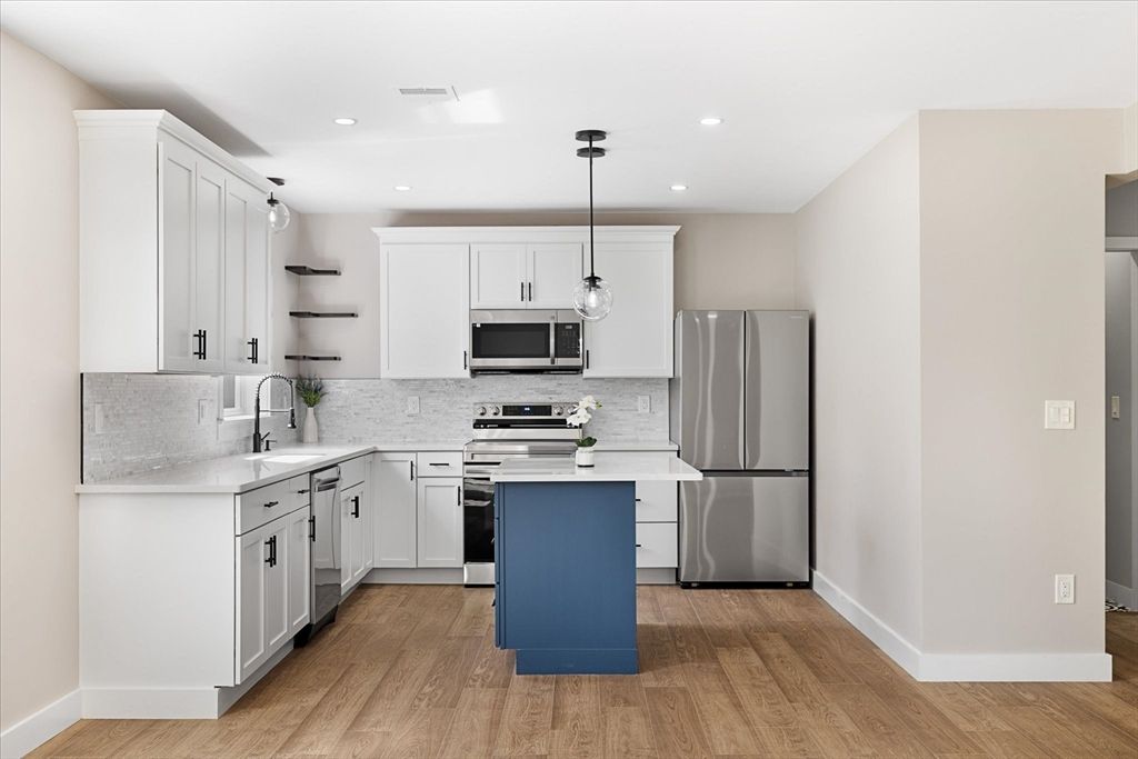 Interior, Kitchen, Pendant Lights, Recessed Lighting, Stainless Steel Appliances, Wood Texture Flooring