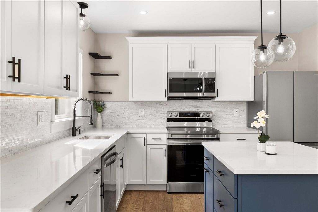 Interior, Kitchen, Pendant Lights, Recessed Lighting, Stainless Steel Appliances, Wood Texture Flooring