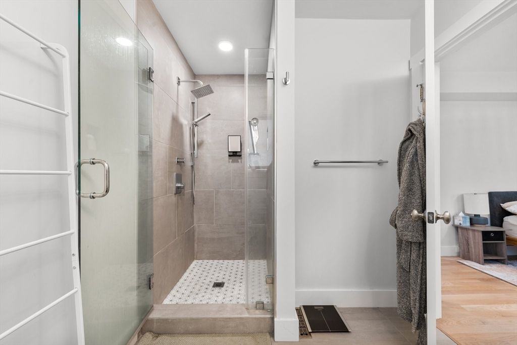 Bathroom, Glass Shower, Interior, Recessed Lighting, Wood Texture Flooring