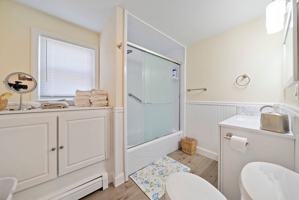 Bathroom, Glass Shower, Interior, Wood Texture Flooring