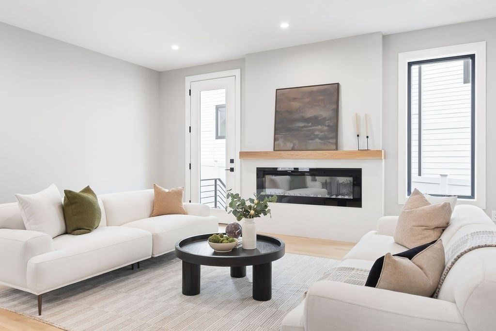 Fireplace, Interior, Living room, Recessed Lighting, Wood Texture Flooring