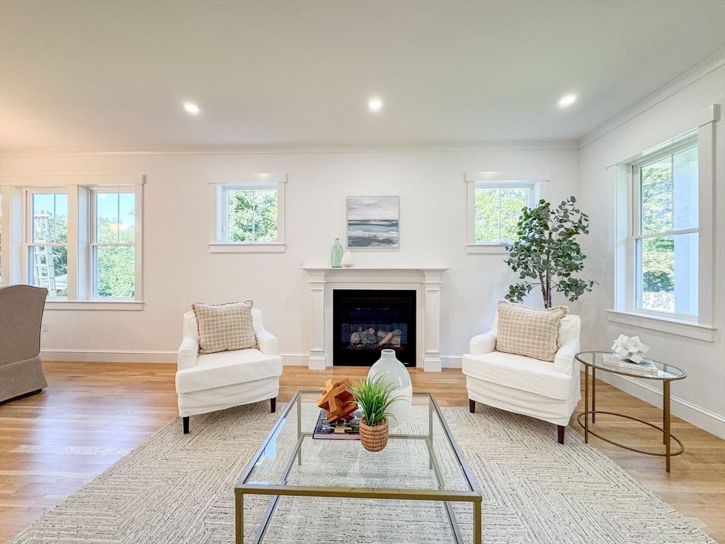 Fireplace, Interior, Living room, Recessed Lighting, Wood Texture Flooring