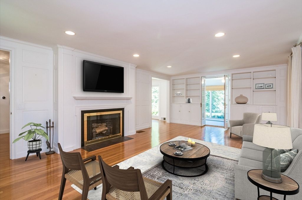 Fireplace, Interior, Living room, Recessed Lighting, Wood Texture Flooring