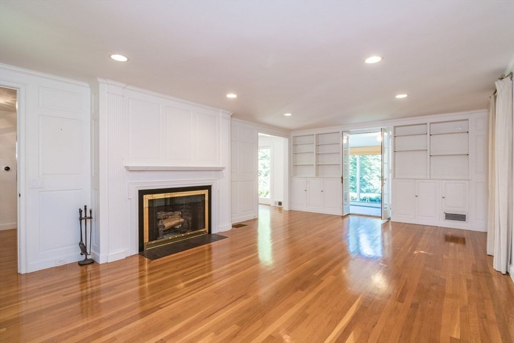 Empty room, Fireplace, Interior, Recessed Lighting, Wood Texture Flooring