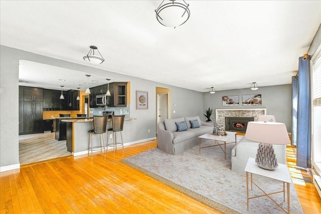 Fireplace, Interior, Kitchen, Living room, Pendant Lights, Wood Texture Flooring