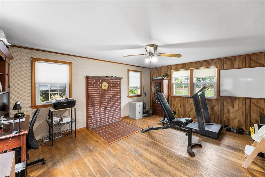 Fitness Equipment, Home Office, Interior, Stone Walls, Wood Texture Flooring