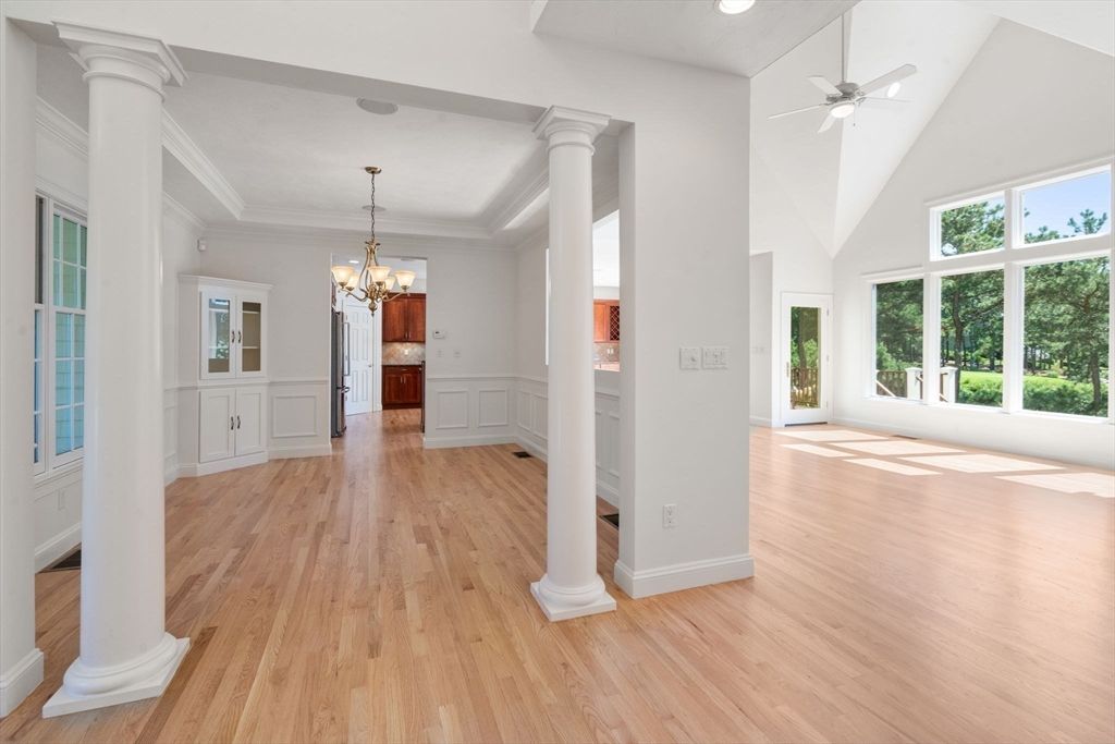 Chandelier, Empty room, Interior, Recessed Lighting, Wood Texture Flooring