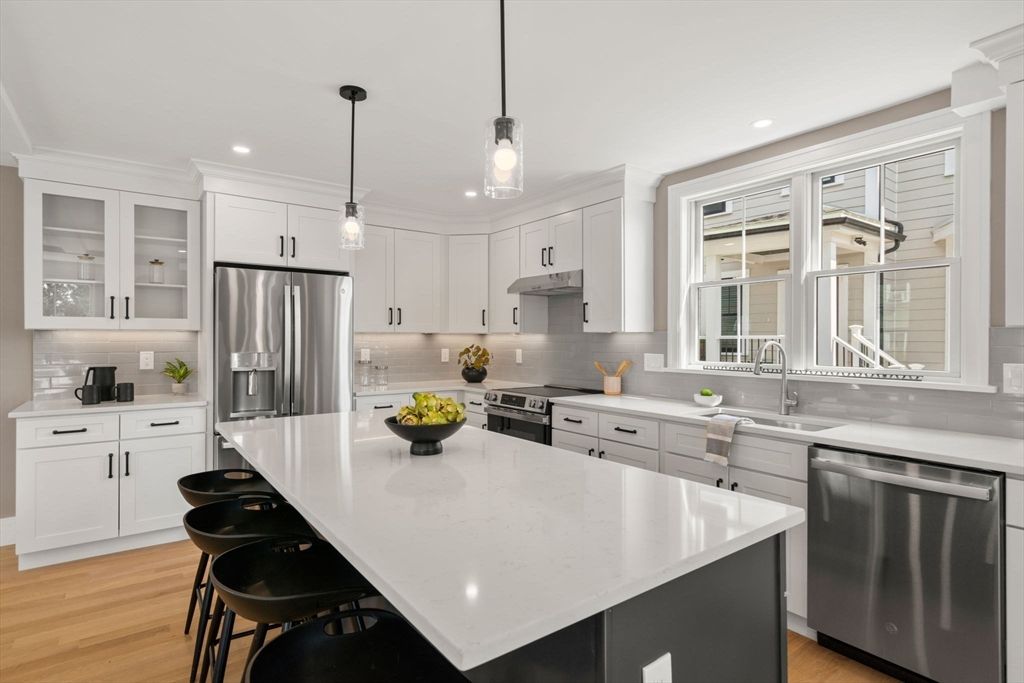Interior, Kitchen, Pendant Lights, Recessed Lighting, Stainless Steel Appliances, Wood Texture Flooring