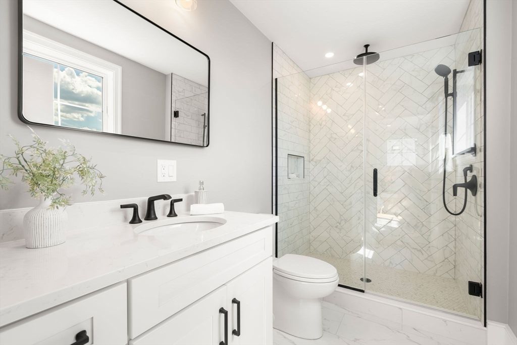 Bathroom, Glass Shower, Interior, Marble, Recessed Lighting
