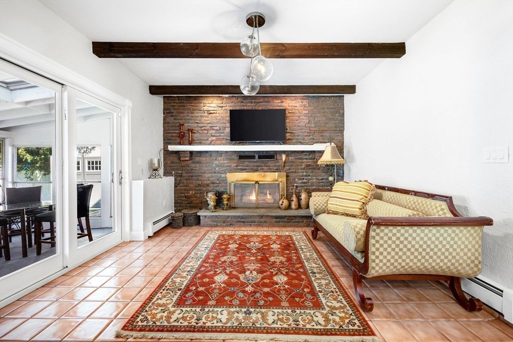 Fireplace, Interior, Pendant Lights, Stone Walls, Wooden Beams