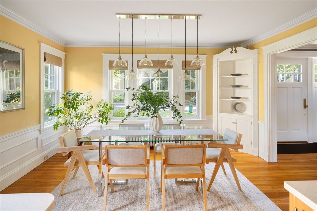 Dining room, Interior, Pendant Lights, Wood Texture Flooring
