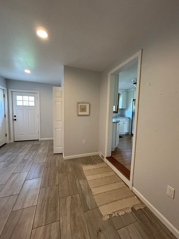 Bathroom, Empty room, Interior, Recessed Lighting, Wood Texture Flooring