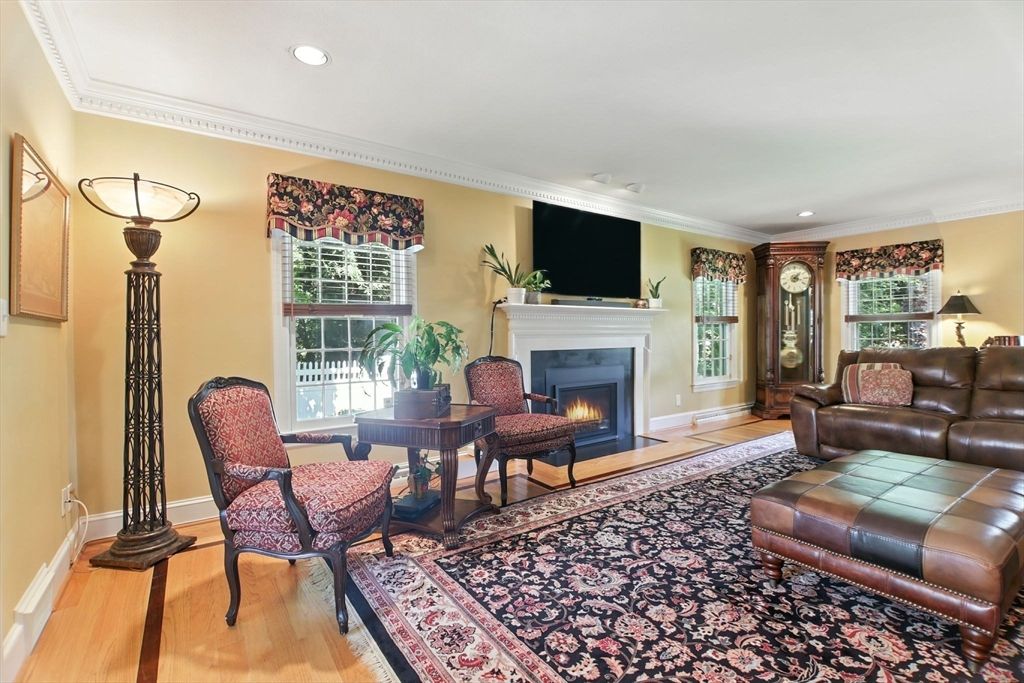 Fireplace, Interior, Living room, Recessed Lighting, Wood Texture Flooring