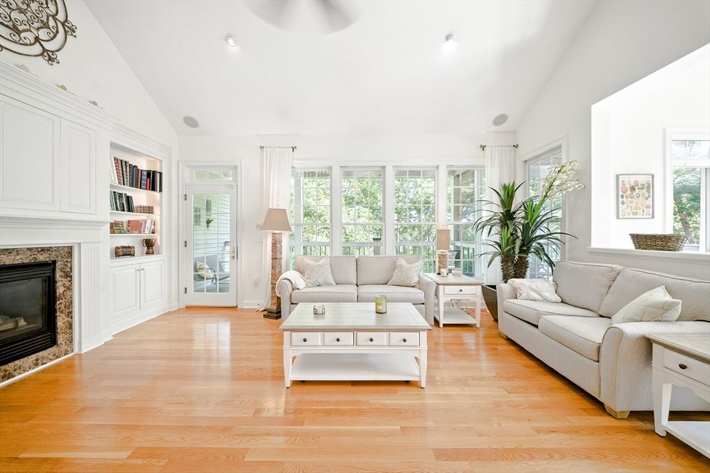 Fireplace, Interior, Living room, Recessed Lighting, Wood Texture Flooring