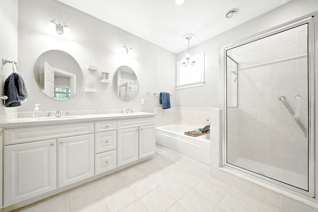 Bathroom, Dual Sink Vanities, Glass Shower, Interior, Pendant Lights, Recessed Lighting