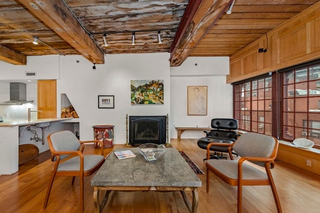Fireplace, Home Office, Interior, Living room, Wooden Ceilings, Wood Texture Flooring