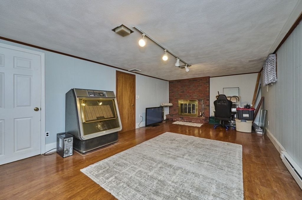 Fireplace, Home Office, Interior, Stone Walls, Wood Texture Flooring