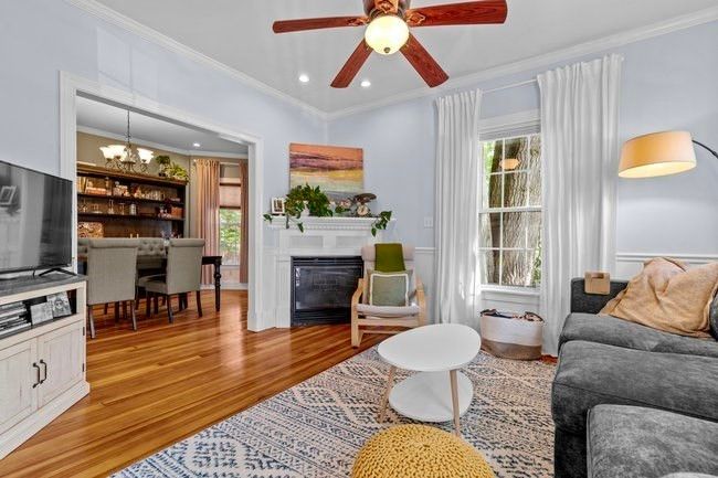 Chandelier, Dining room, Fireplace, Interior, Living room, Recessed Lighting, Wood Texture Flooring
