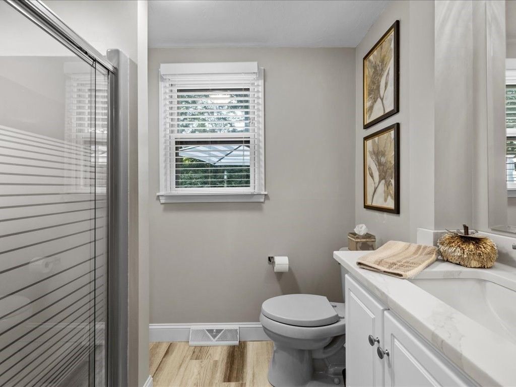 Bathroom, Glass Shower, Interior, Wood Texture Flooring