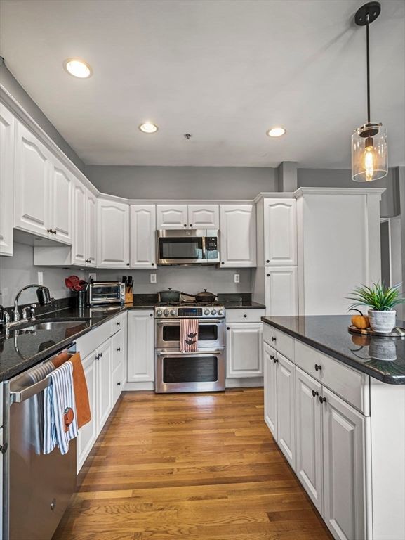 Interior, Kitchen, Pendant Lights, Recessed Lighting, Stainless Steel Appliances, Wood Texture Flooring