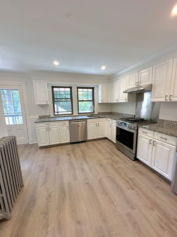 Interior, Kitchen, Recessed Lighting, Stainless Steel Appliances, Wood Texture Flooring