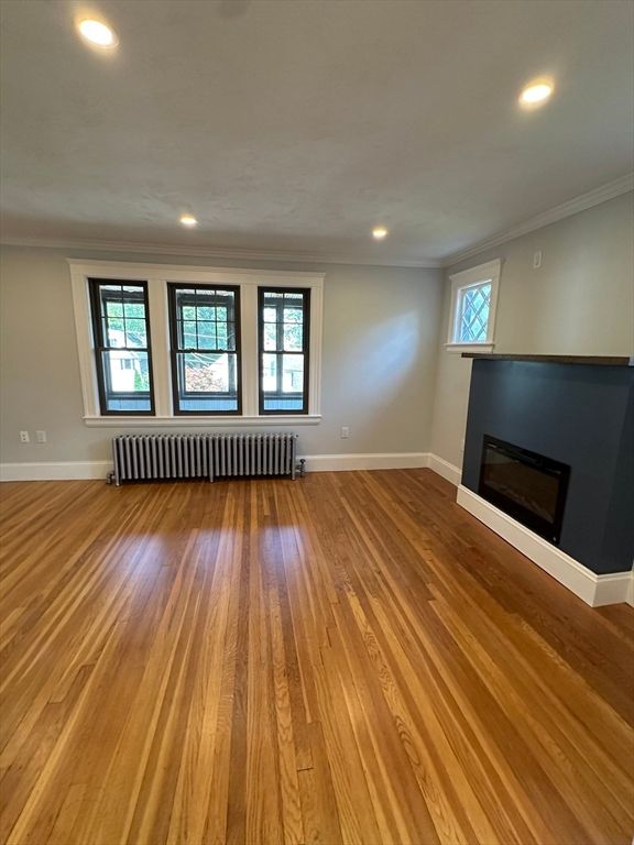 Empty room, Fireplace, Interior, Recessed Lighting, Wood Texture Flooring