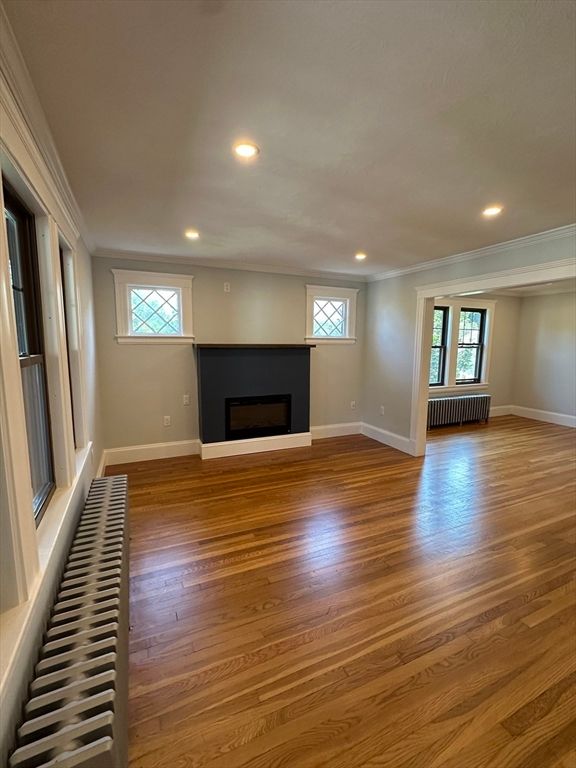 Empty room, Fireplace, Interior, Recessed Lighting, Wood Texture Flooring