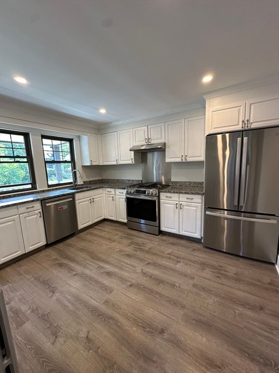 Interior, Kitchen, Recessed Lighting, Stainless Steel Appliances, Wood Texture Flooring