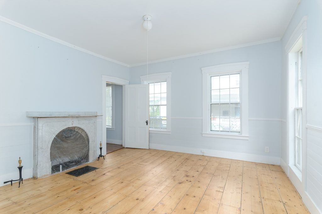 Empty room, Fireplace, Interior, Pendant Lights, Wood Texture Flooring