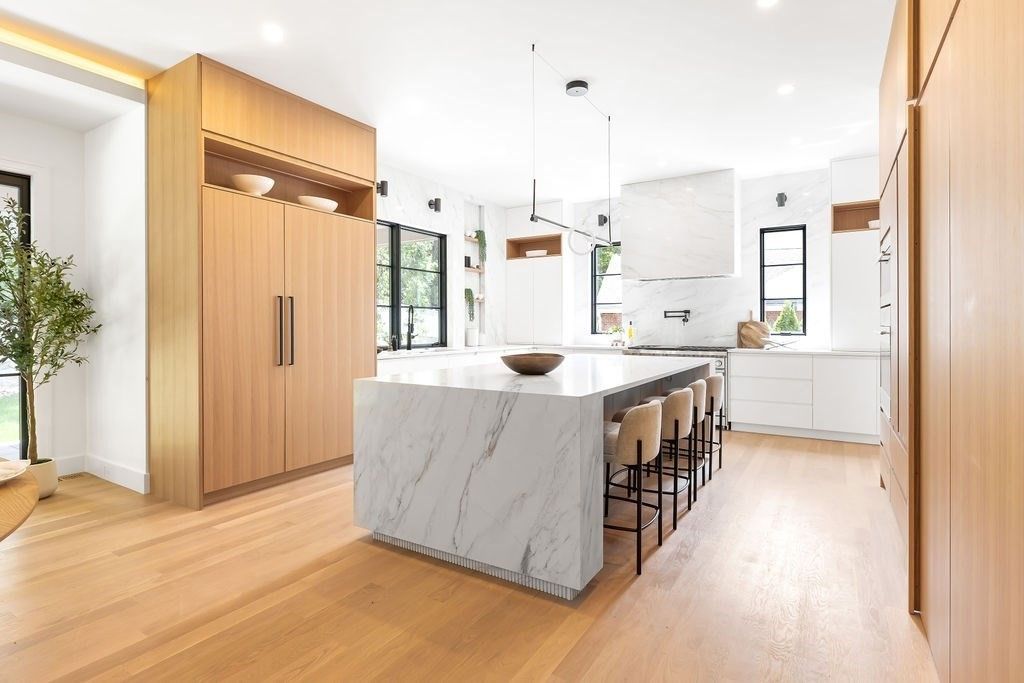 Interior, Kitchen, Marble Walls, Pendant Lights, Recessed Lighting, Wood Texture Flooring