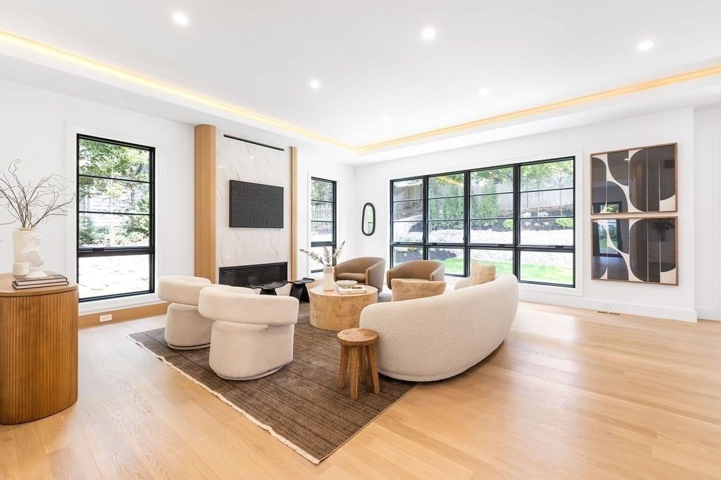 Fireplace, Interior, Living room, Recessed Lighting, Wood Texture Flooring