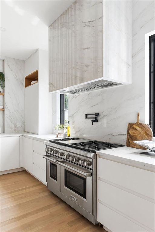 Interior, Kitchen, Marble Walls, Stainless Steel Appliances, Wood Texture Flooring