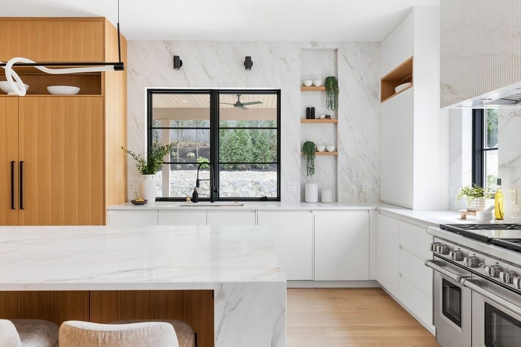Interior, Kitchen, Marble Walls, Stainless Steel Appliances, Wood Texture Flooring
