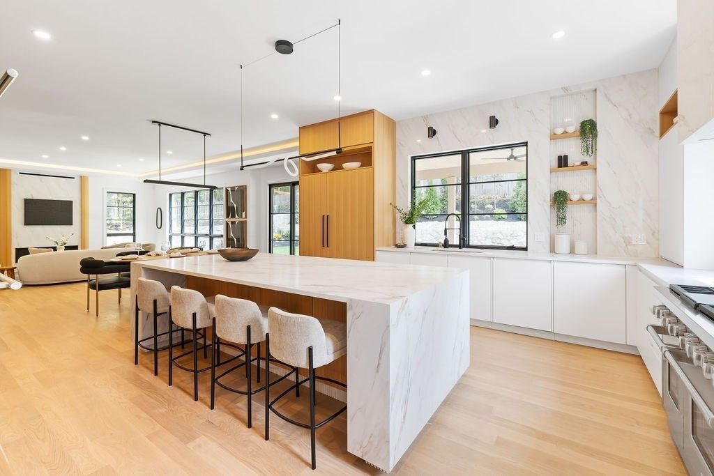 Interior, Kitchen, Marble Walls, Pendant Lights, Recessed Lighting, Wood Texture Flooring