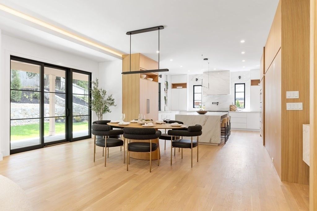 Dining room, Interior, Kitchen, Marble Walls, Pendant Lights, Recessed Lighting, Wood Texture Flooring