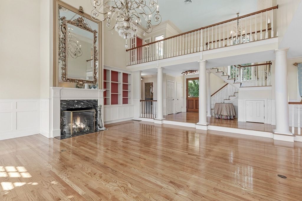 Chandelier, Fireplace, Interior, Wood Texture Flooring