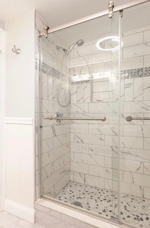 Bathroom, Glass Shower, Interior, Marble Walls, Pendant Lights