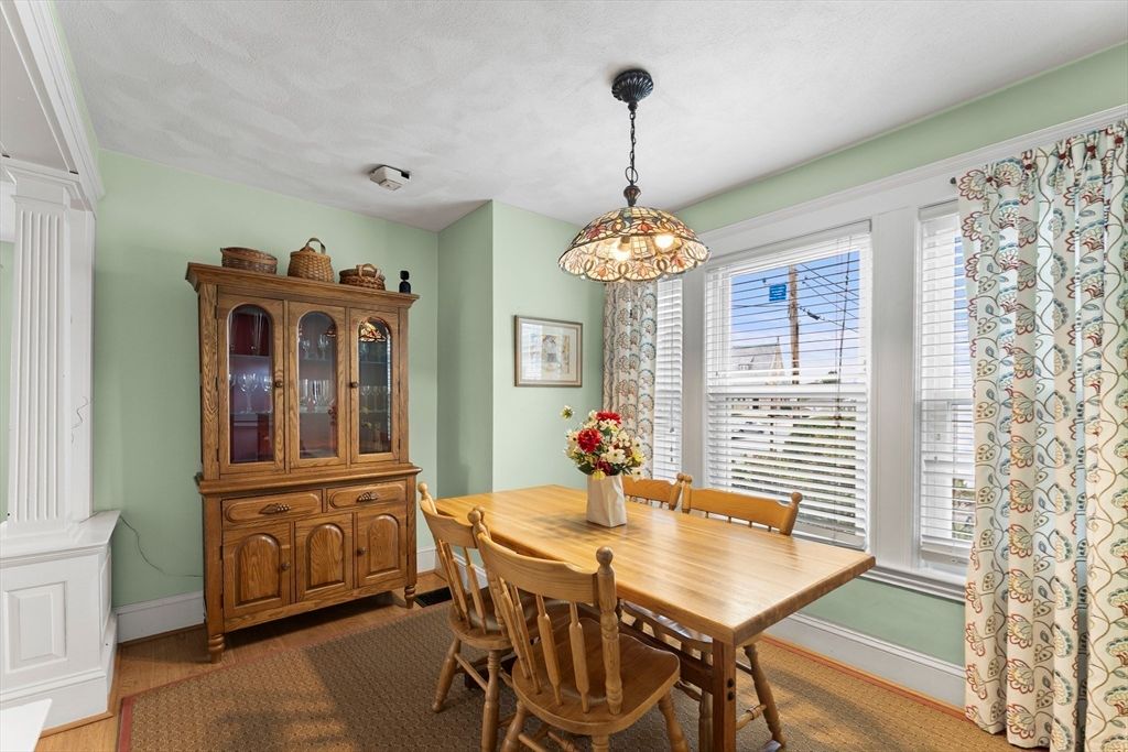 Dining room, Interior, Pendant Lights, Wood Texture Flooring
