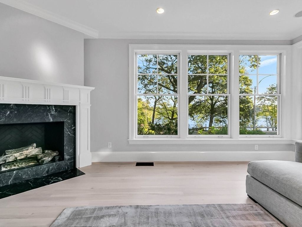 Empty room, Fireplace, Interior, Recessed Lighting, Wood Texture Flooring