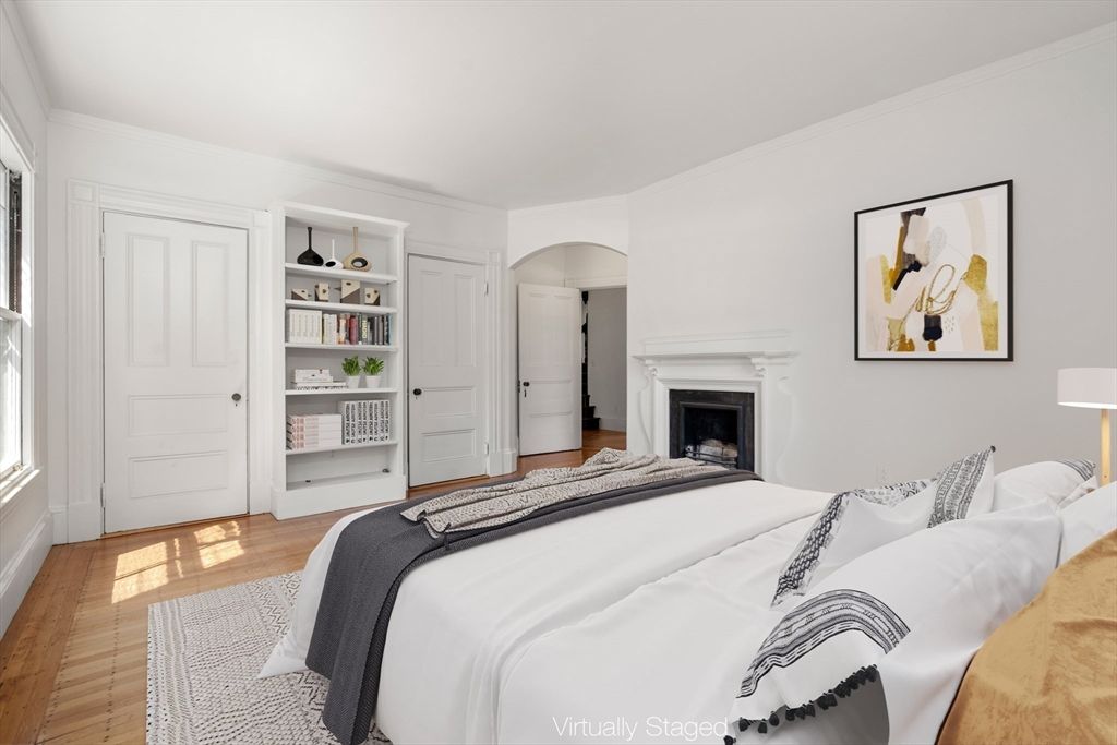 Bedroom, Fireplace, Interior, Wood Texture Flooring