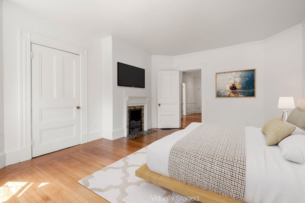 Bedroom, Fireplace, Interior, Wood Texture Flooring