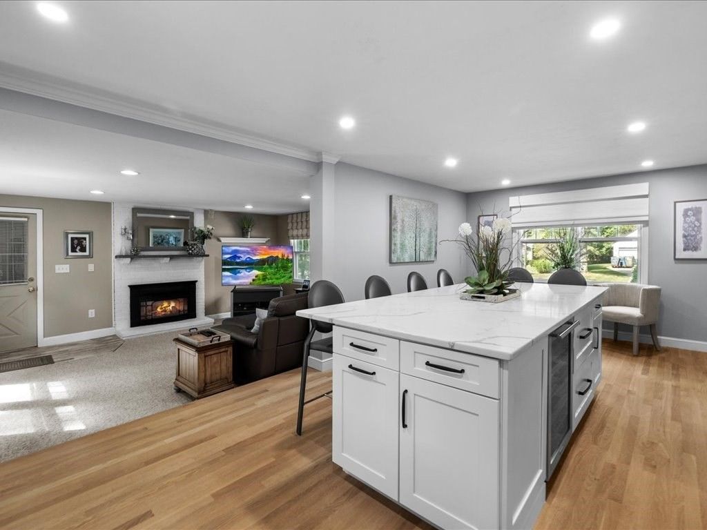Dining room, Fireplace, Interior, Kitchen, Living room, Recessed Lighting, Wood Texture Flooring