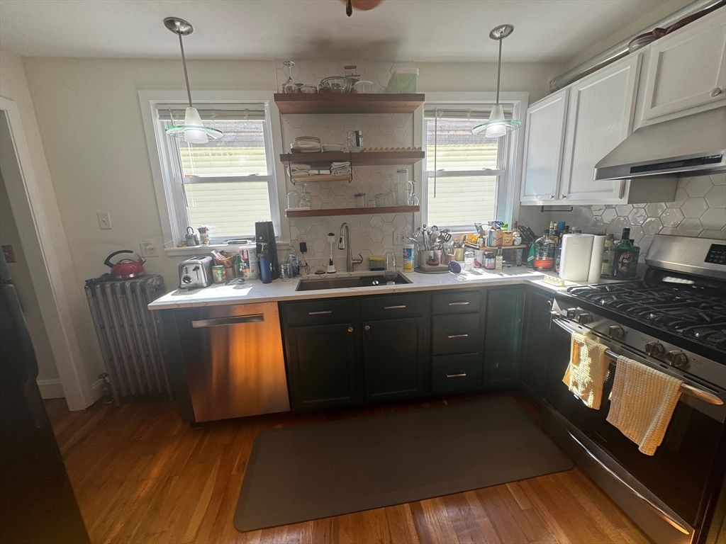 Interior, Kitchen, Pendant Lights, Stainless Steel Appliances, Wood Texture Flooring